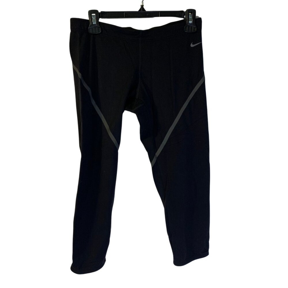 Nike Women's Capri Running Tights Size M Black Dri Fit Zippered Pocket Athletic